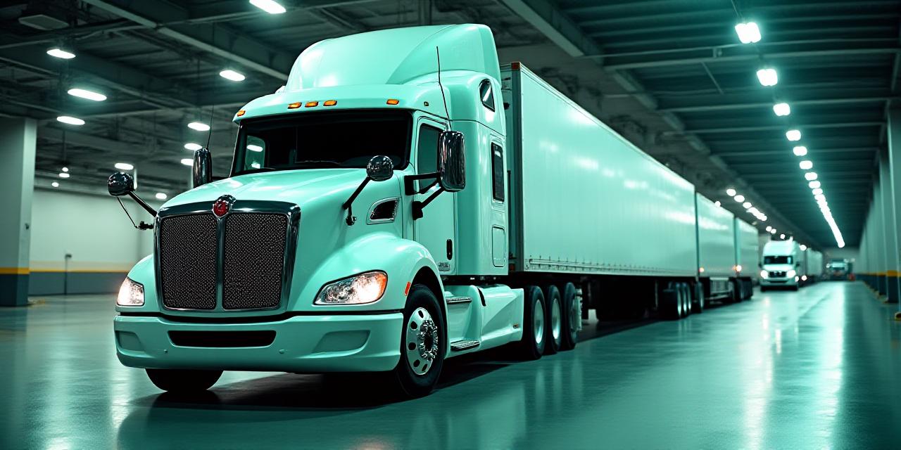 Heavy haulage trucks in a pristine logistics environment
