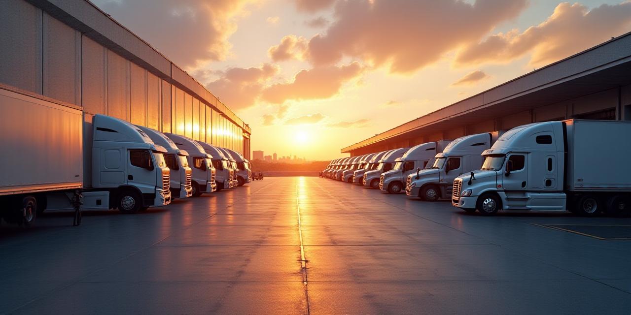 High-tech logistics hub with trucks and cargo terminals