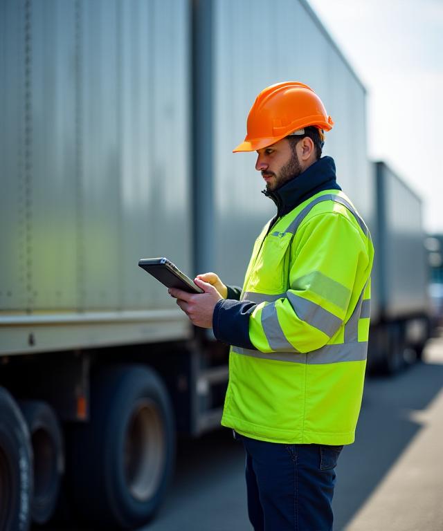 A driver checking digital manifests on a tablet next to a heavy cargo truck